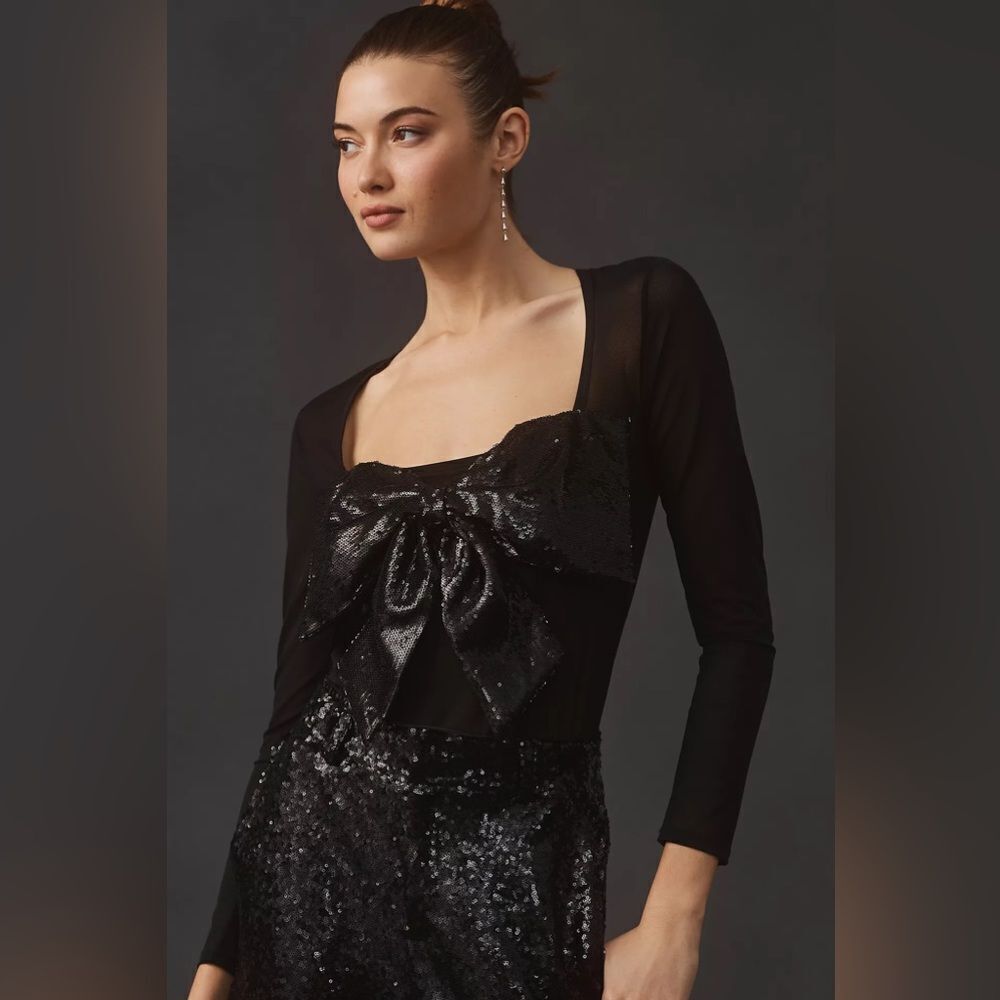 By Anthropologie Sequin Bow Bodysuit in Black
